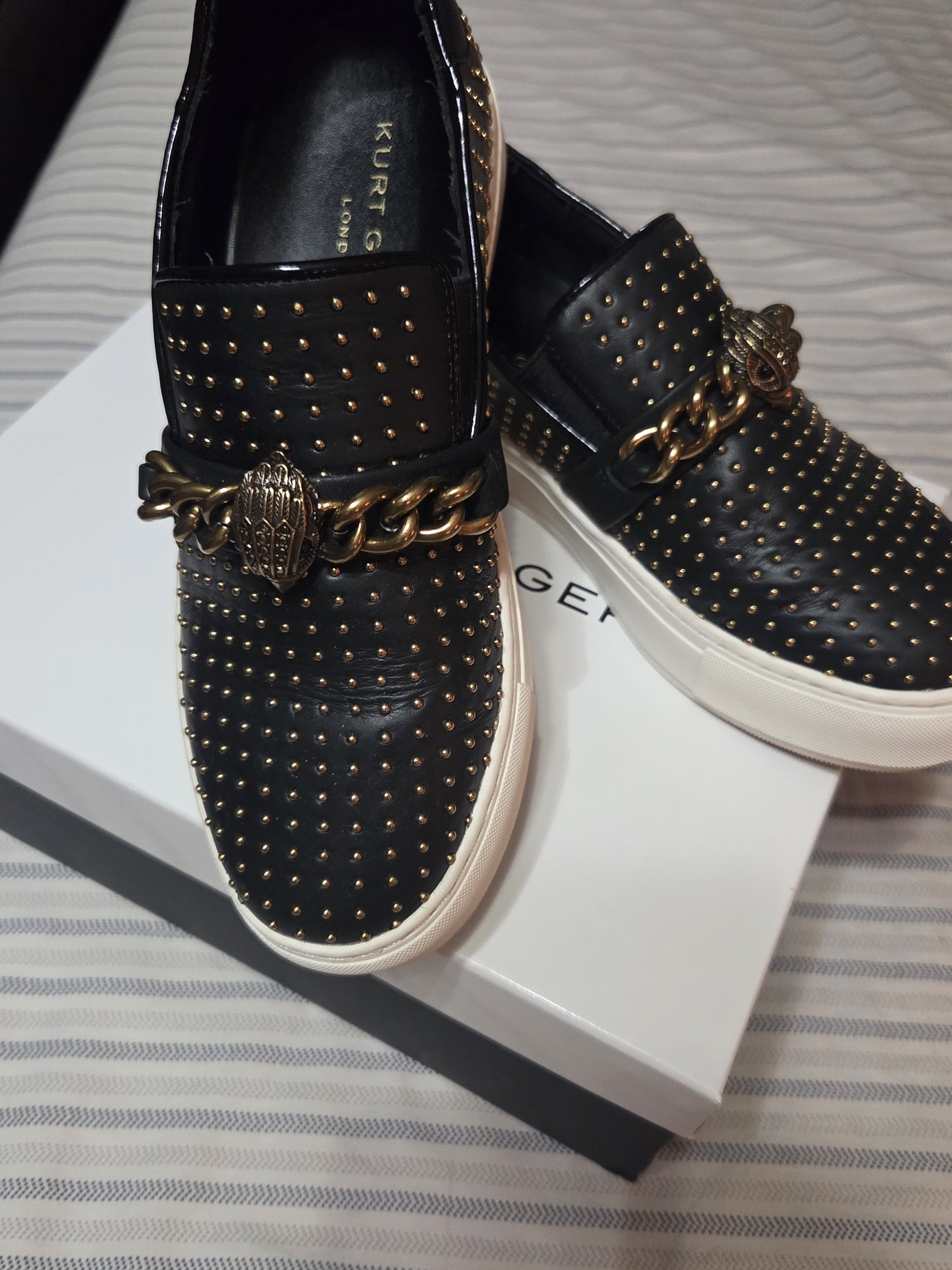 Kurt Geiger Black Leather Studded Slip-On Sneakers With Gold Chain